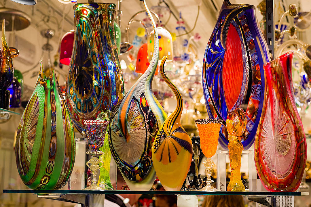 Murano glass vases on display in Venice, Italy
