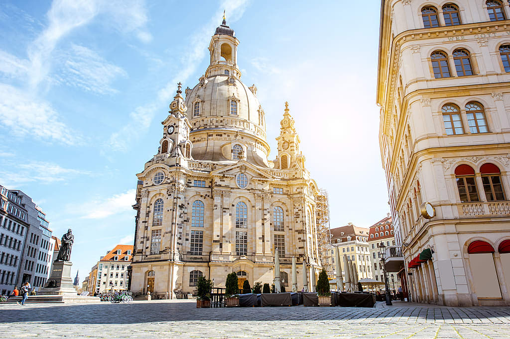 The main city square with famous church of our lady during the sunrise in Dresden, Germany