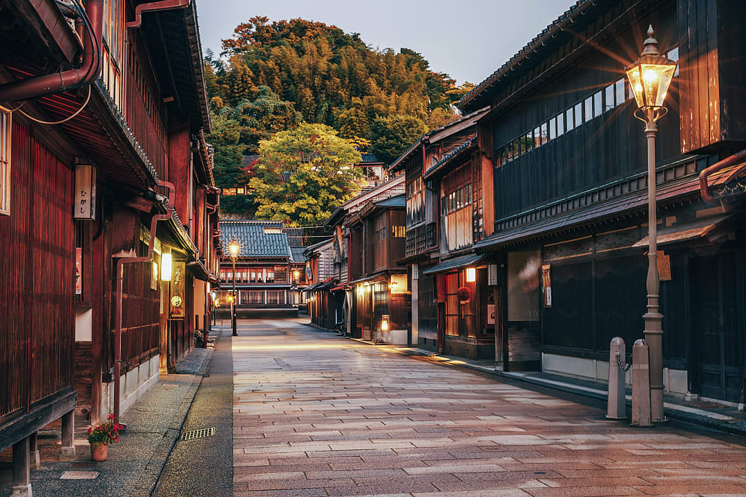 Traditional wooden buildings in Higashi Chaya District, Kanazawa, Japan at dusk