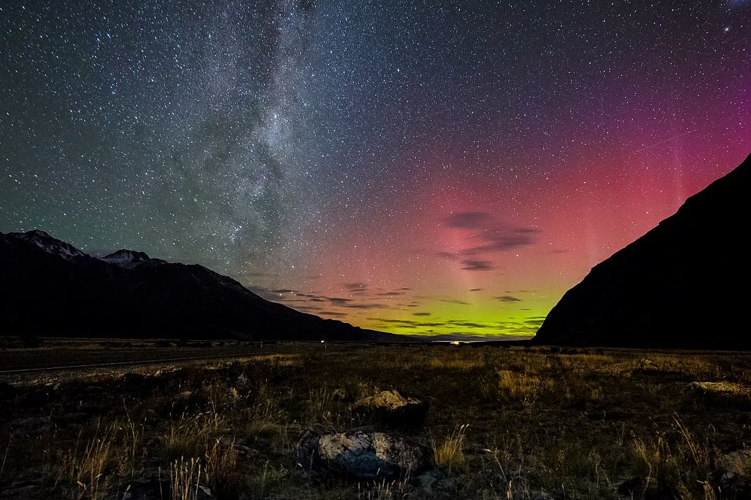 Milky Way and Aurora Australis over Mount Cook National Park, New Zealand
