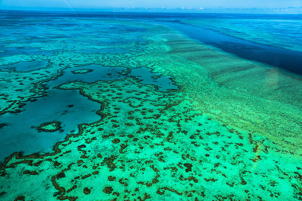 Aerial view of the Great Barrier Reef and the Whitsunday passage in Australia