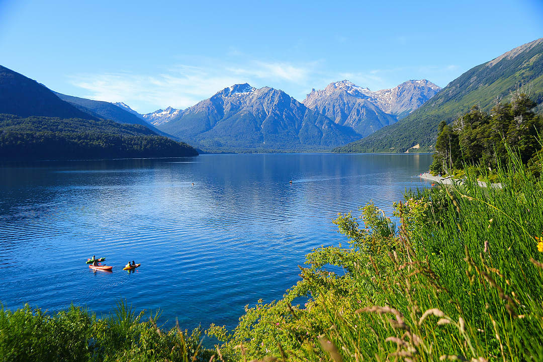 Kayakers at Mascardi Lake in San Carlos de Bariloche, Argentinian Patagonia