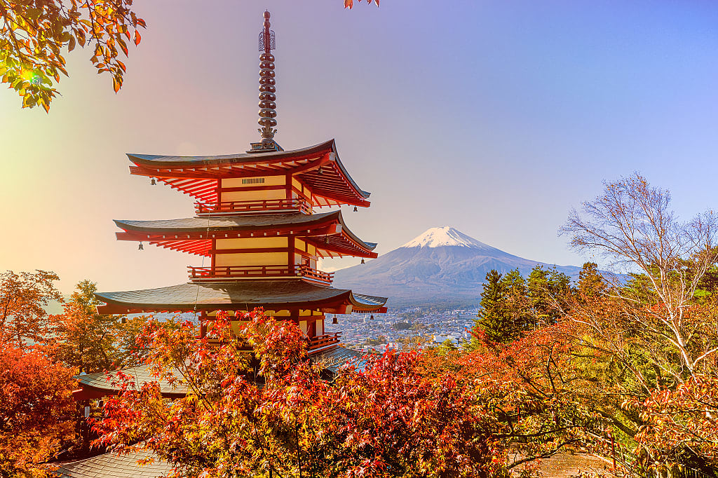 Fuji mountain and Chureito Pagoda shrine with autumn foliage in Fujiyoshida, Japan