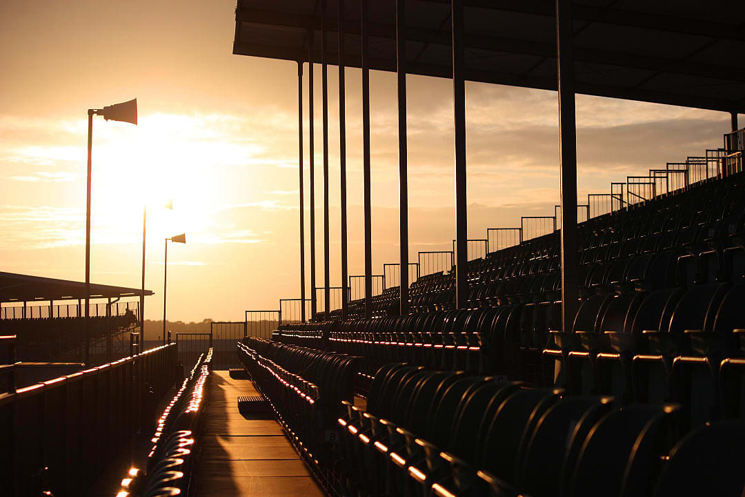 Grandstand at Silverstone race circuit in England. 