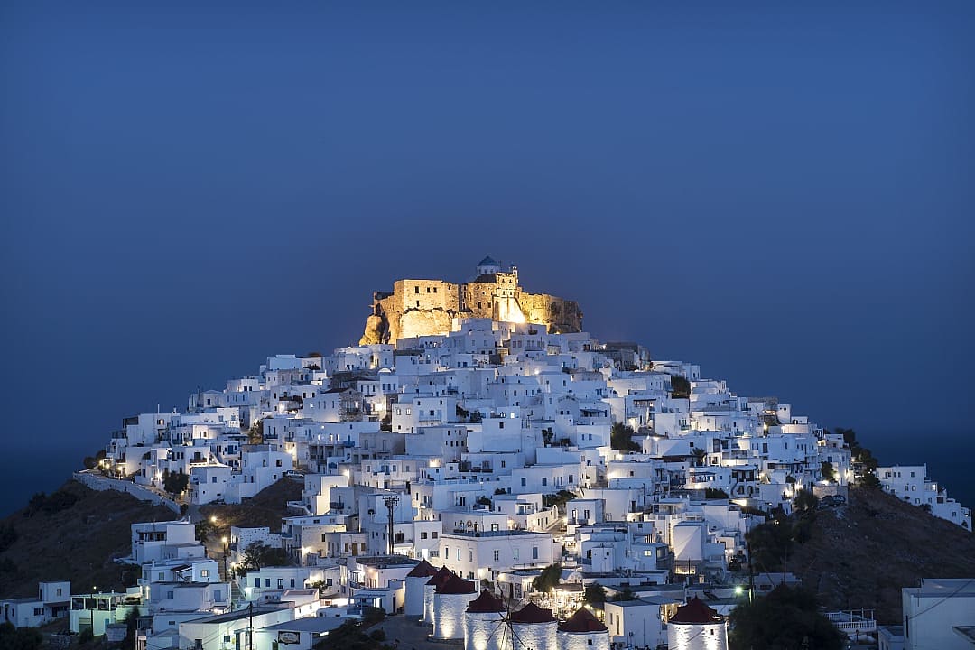 The Astypalea Castle at night, Greece.