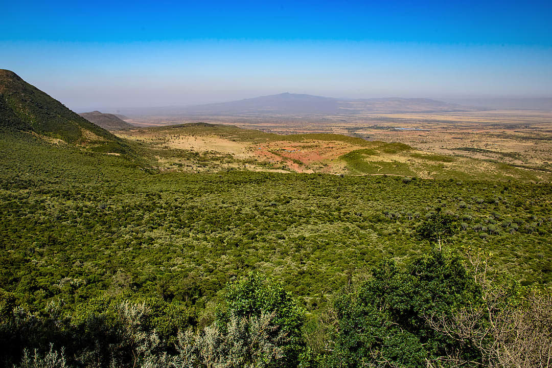 Expansive green valley with rolling hills and distant mountains under a clear blue sky.