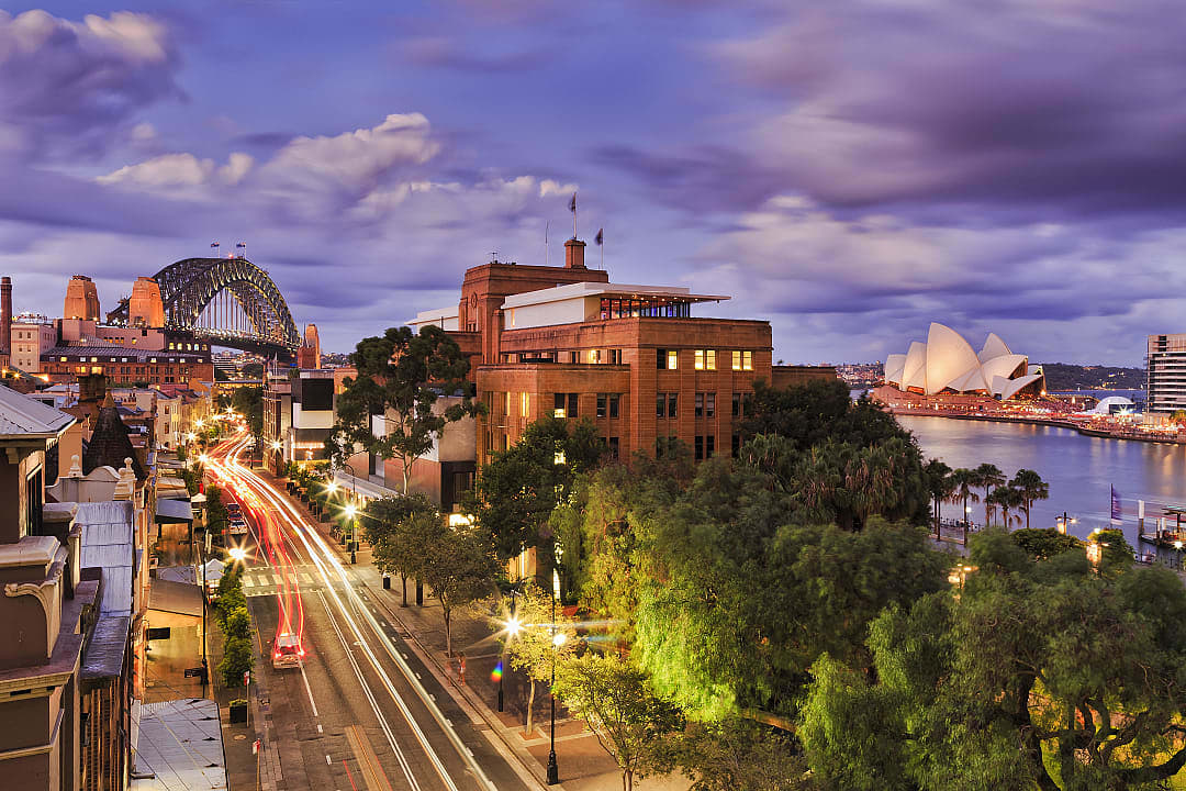 View of The Harbor Bridge at night.