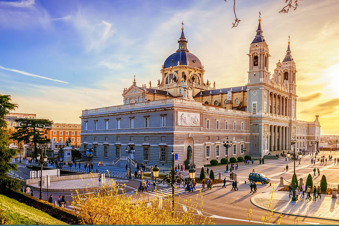 The Cathedral of Madrid in Spain at sunset