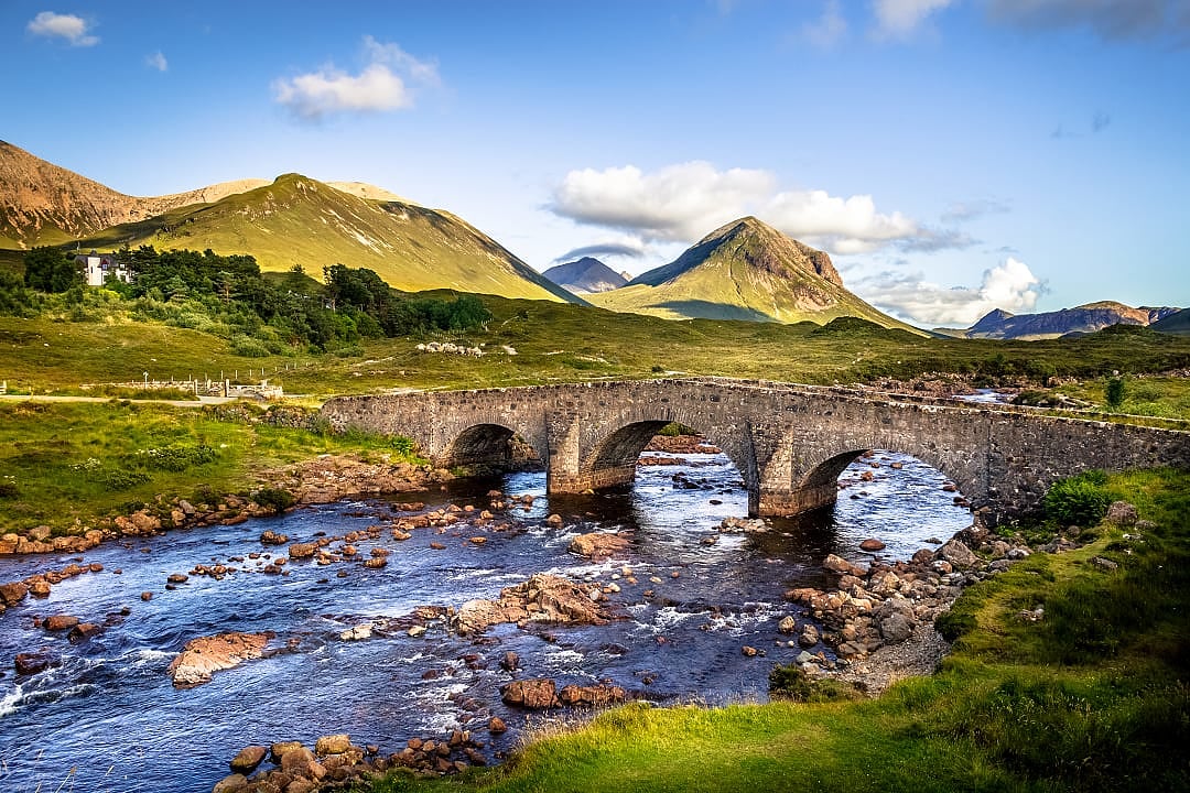 Old brick bridge over the river at Sligachan, Isle of Skye, Scotland, UK