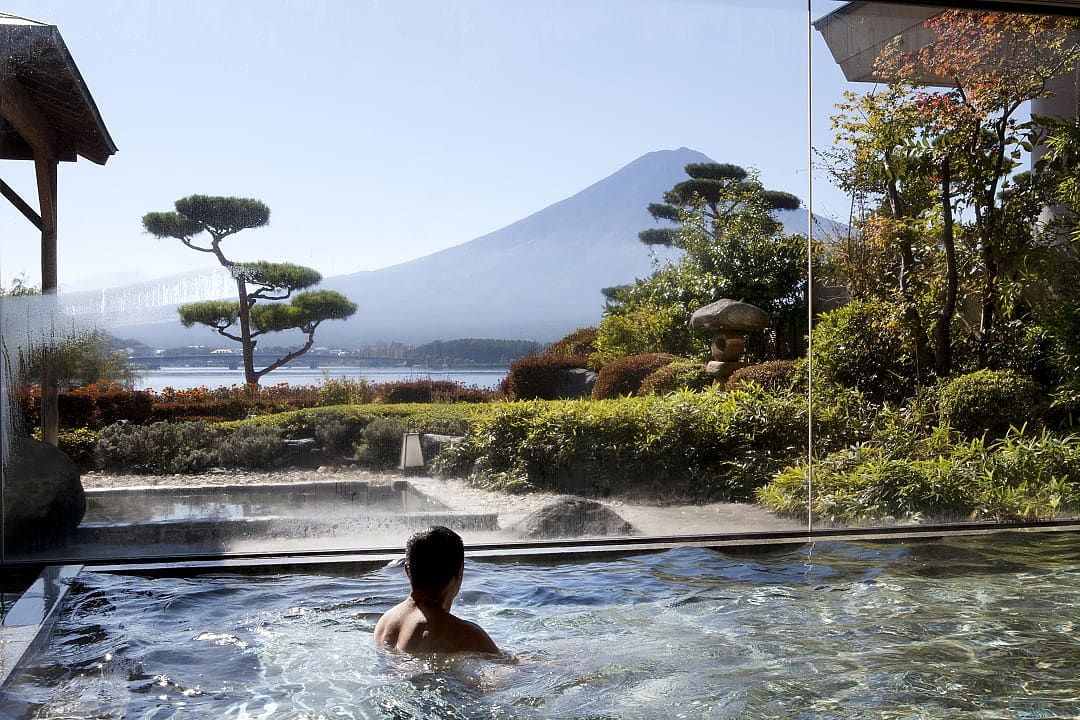 View of Kawaguchi Lake and Mount Fuji from a spa in Japan