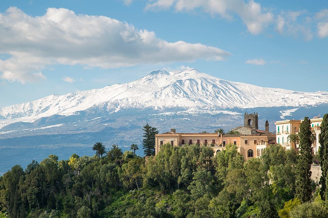 View of Mount Etna from Taormina in Sicily, Italy