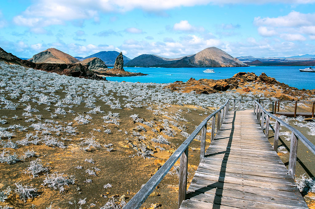 Walkway on Bartolome Island with Pinnacle Rock in the Galapagos Islands, Ecuador