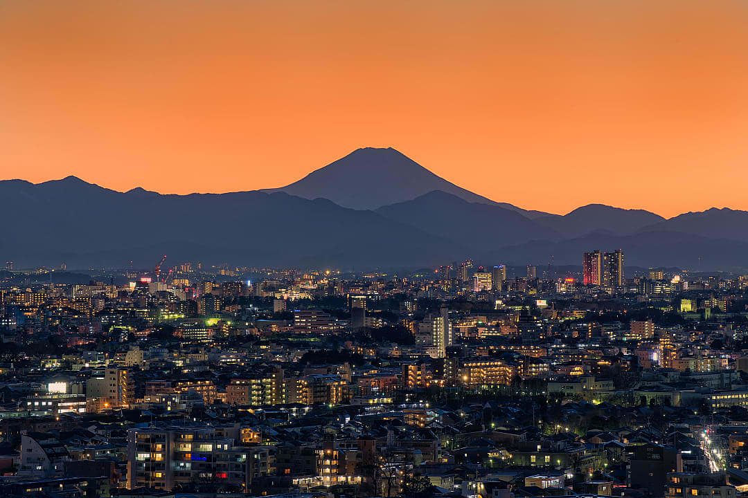 View of Mount Fuji from Nerima at sunset in Tokyo