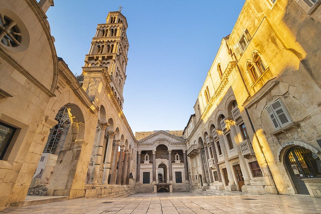 Diocletian's Palace in Split showcases stunning Roman architecture and historical grandeur. 