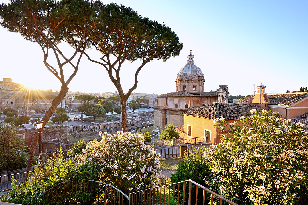 View of the Roman Forum at sunset in Italy
