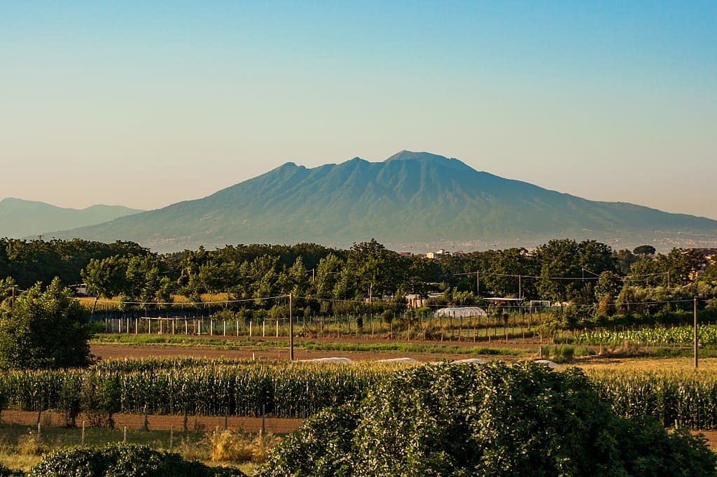 Vineyards and farmlands with Mt Vesuvius in the Campania region of Italy