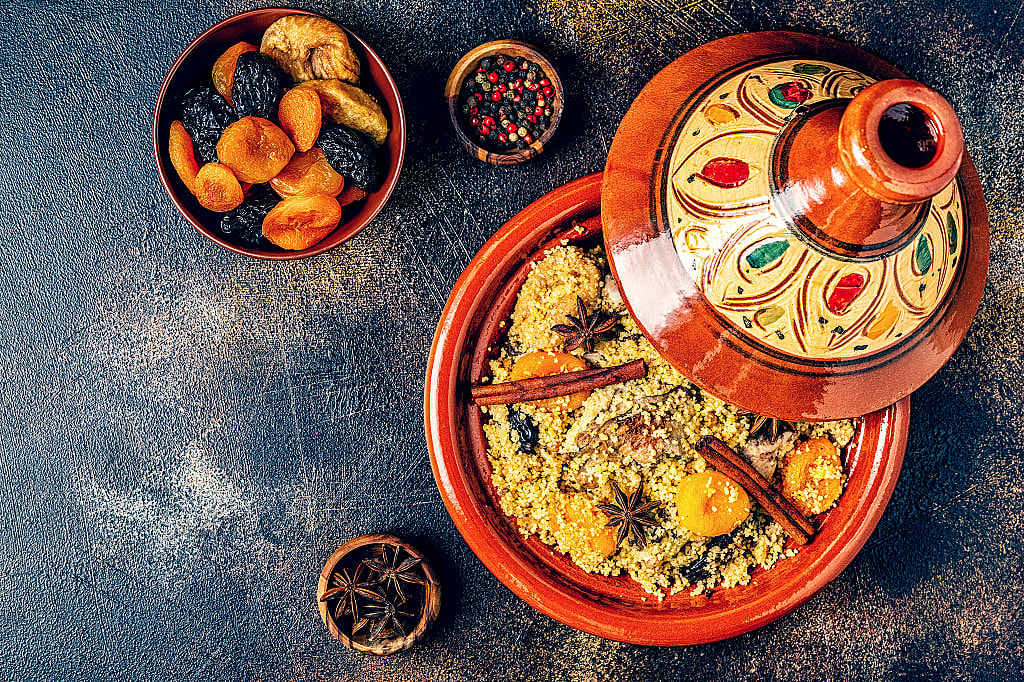 Traditional Moroccan tajine of chicken with dried fruits and spices