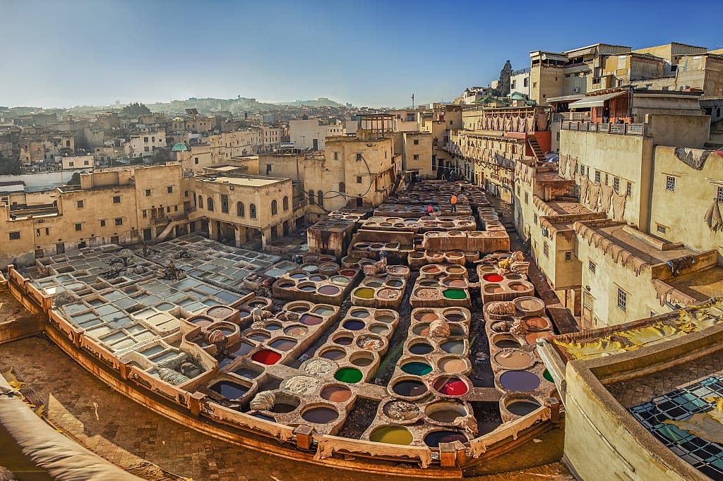 Chouara Tannery seen from surrounding rooftop in Fes, Morocco