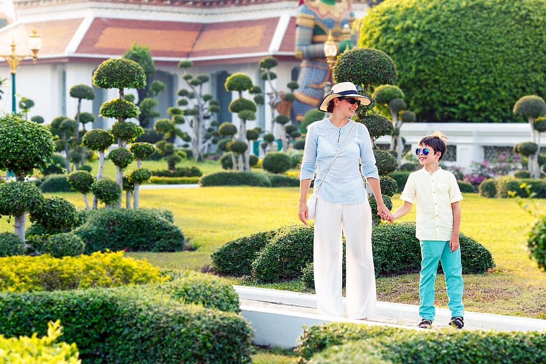 Mother and son at Wat Arun in Bangkok, Thailand
