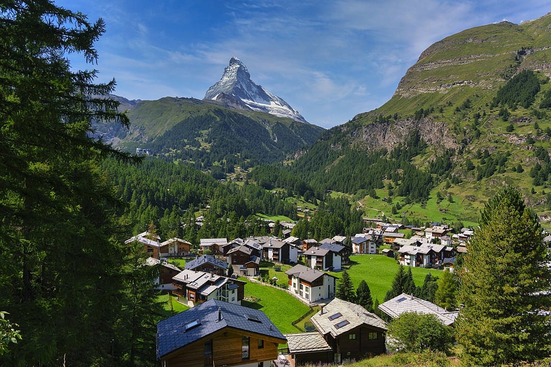 Townscape with Matterhorn mountain on sunny day at Zermatt, Switzerland.