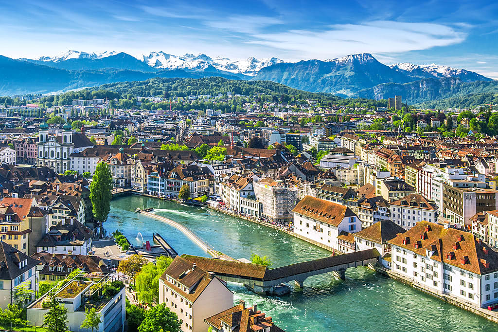 Mount Pilatus massif overlooking Lucerne city center and the Reuss river