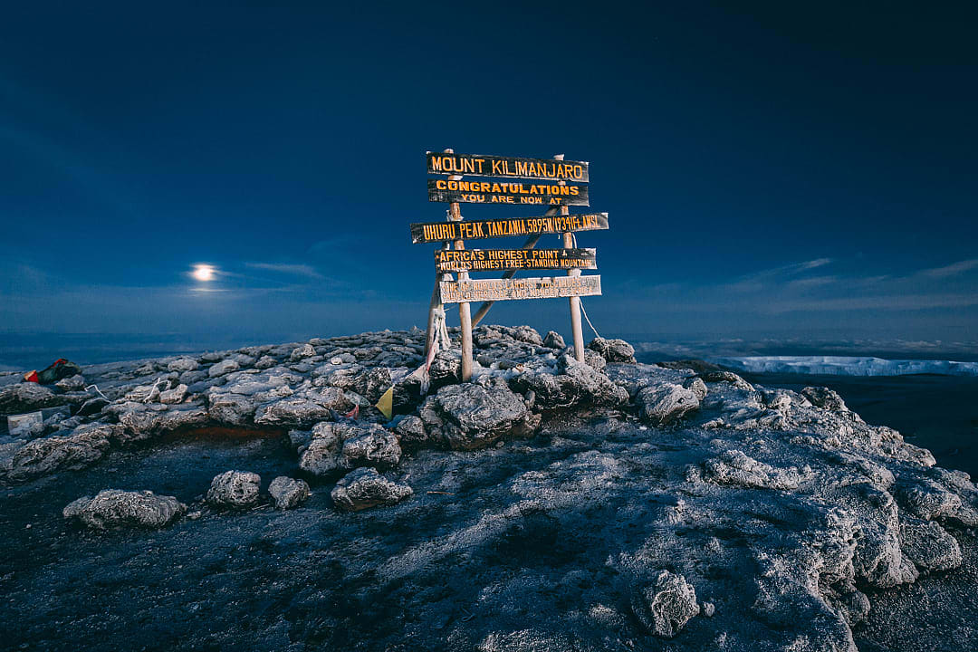 A sign marking Uhuru Peak, the summit of Kilimanjaro. 