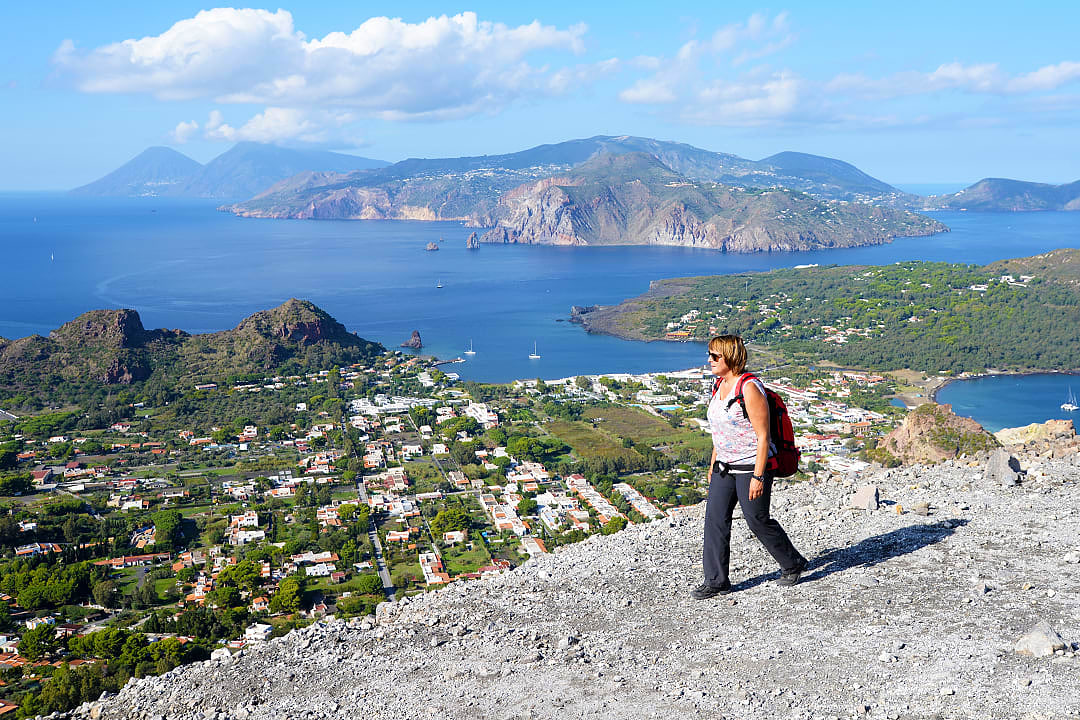 Senior lady hiking at Aeolian Island in Italy