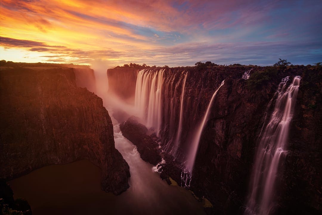 View of Victoria Falls during sunset, Africa.