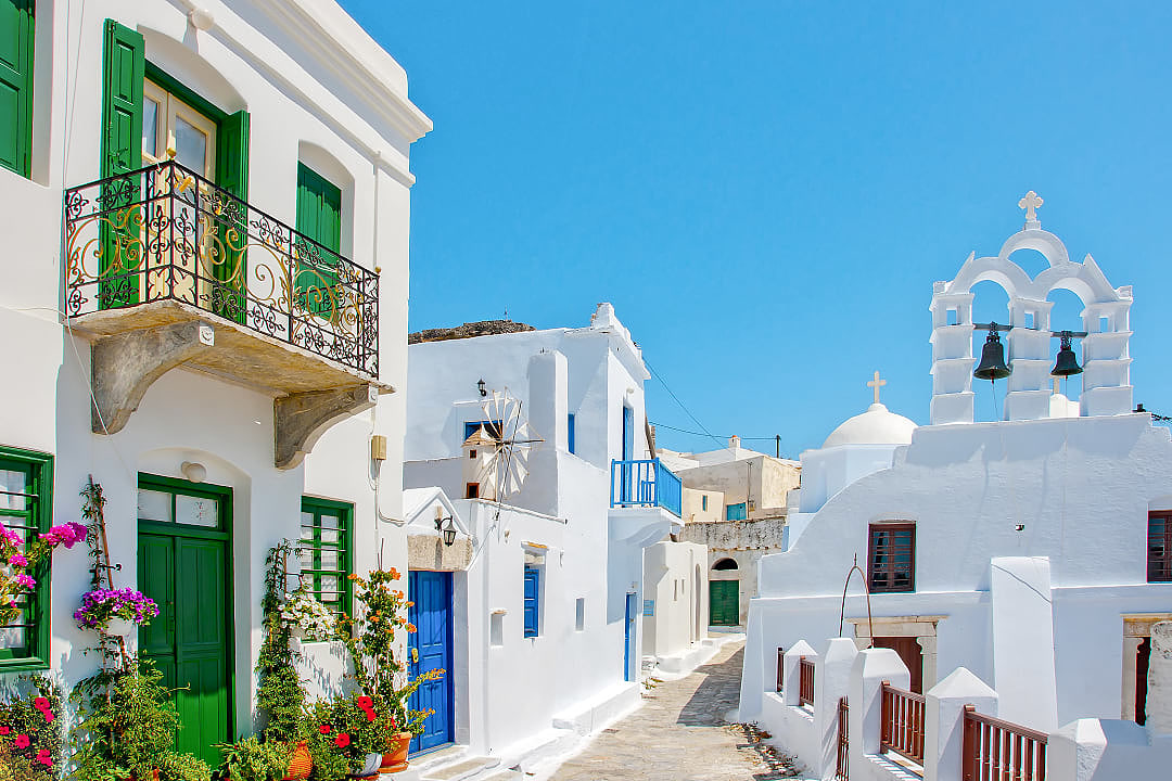 Traditional white buildings in the town of Chora, Greece.
