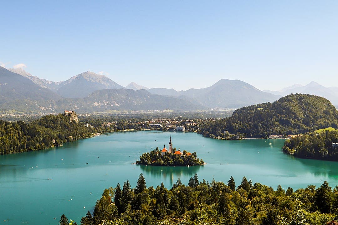 A panoramic image of Lake Bled, Slovenia.