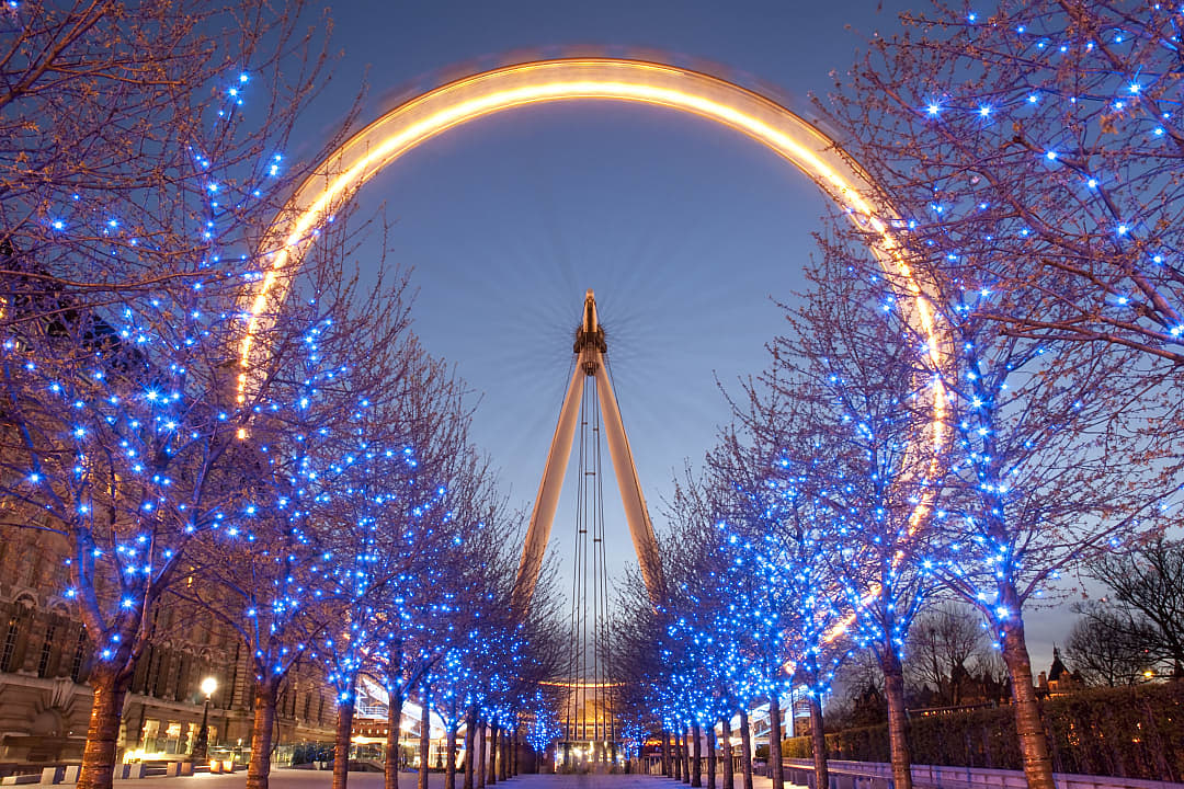 A festive view of the London Eye during the Christmas season.
