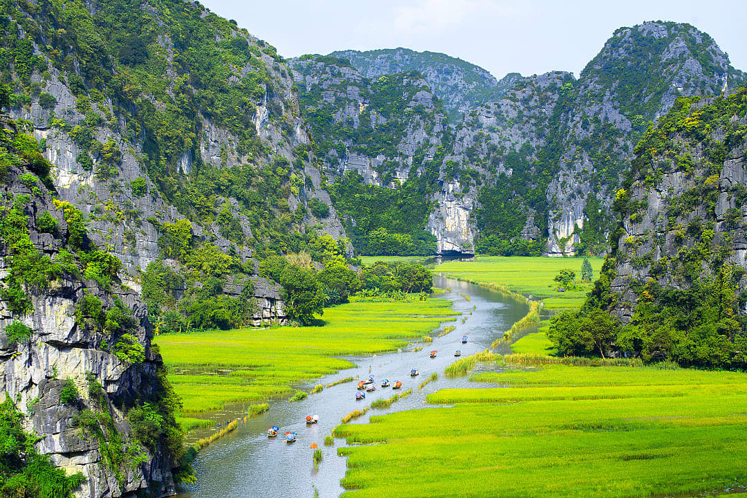Families canoeing through the Tam Coc river