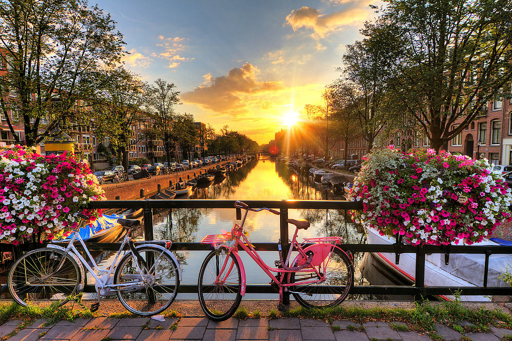 Sunrise over the canals in Amsterdam, The Netherlands