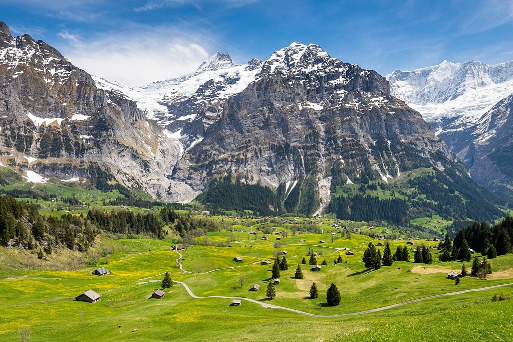 Landscape of the green valley an Swiss alps in Grindelwald