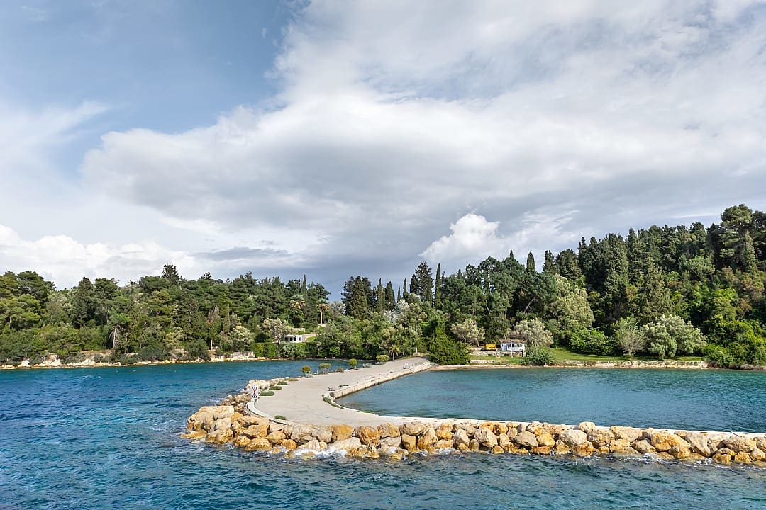Walkway to Scorpios Island, nestled in the Ionian Sea.