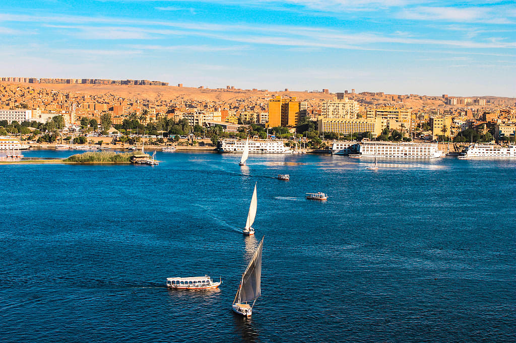 Boats on the Nile river in Aswan, Egypt
