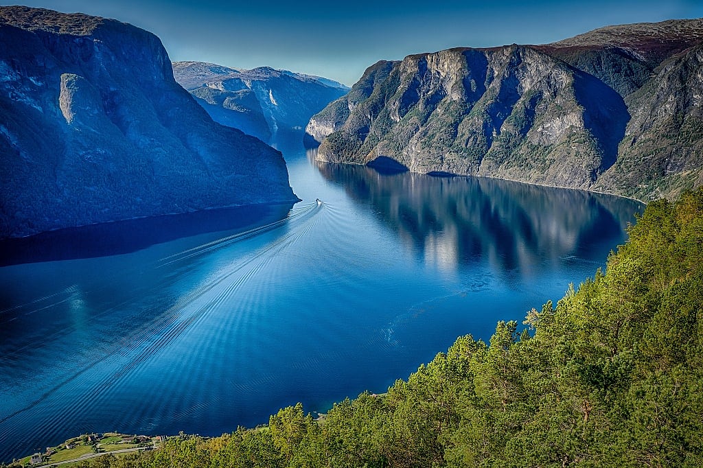 Serene landscape of Aurlandsvangen and the Aurlandsfjord in Aurland, Norway