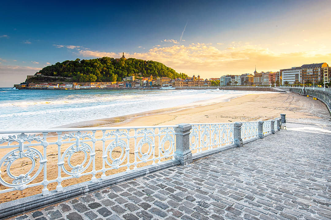 Sunrise at La Concha Beach in San Sebastian, Spain