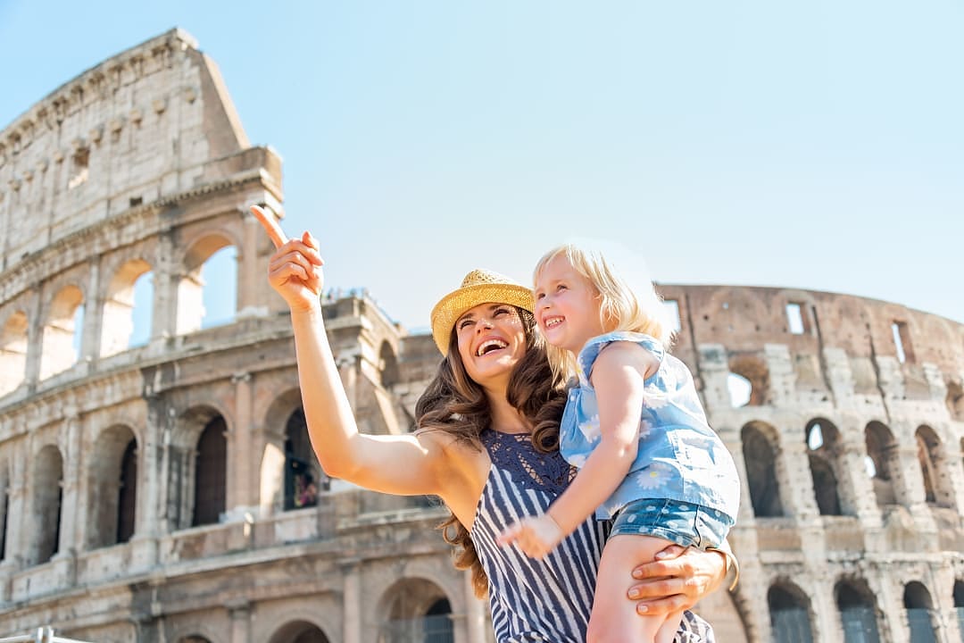 Mother and daughter at the Colosseum in Rome, Italy