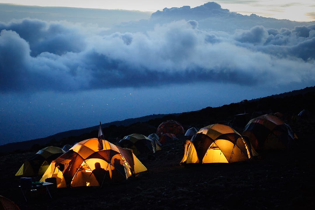 Evening settles over a high-altitude camp on Kilimanjaro.