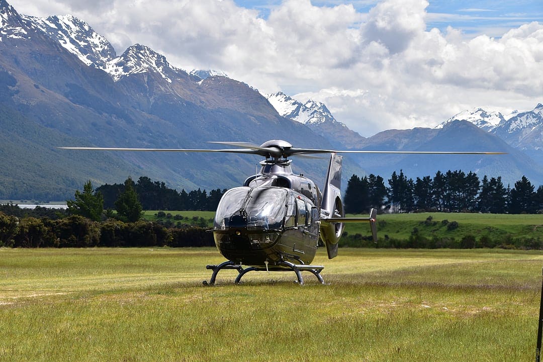 A private helicopter in a field in Queenstown,  New Zealand.