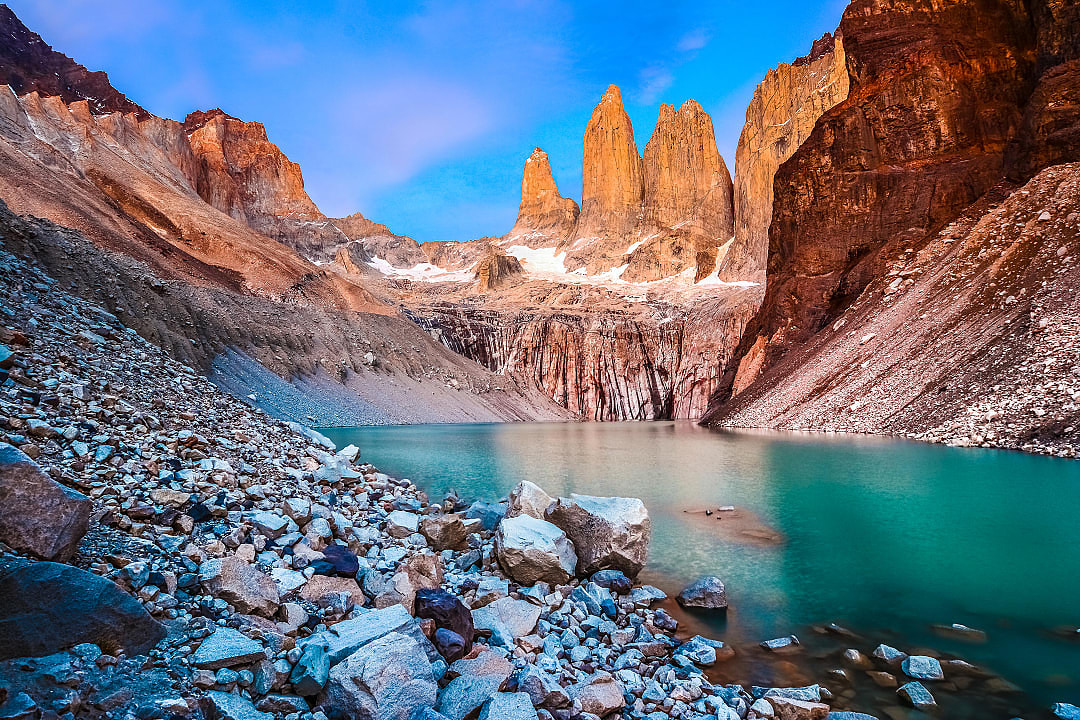 Laguna Torres with the Three-Towers at sunrise in Torres del Paine National Park, Patagonia, Chile