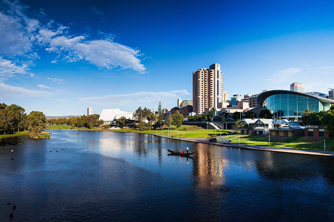Adelaide’s riverfront on a clear day.