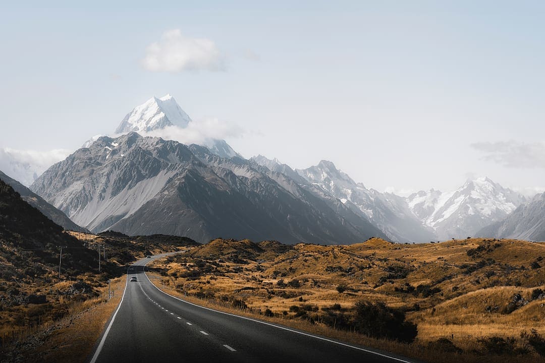 Stretch of road leading to Mount Cook in New Zealand