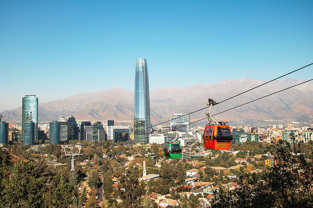 Metropolitan park cable car and skyline in Santiago, Chile