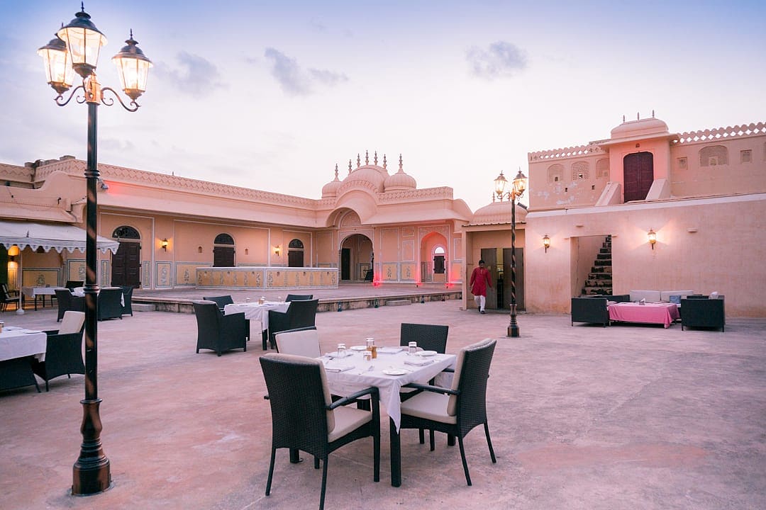 Elegant eating space inside Rajasthani fort in India.