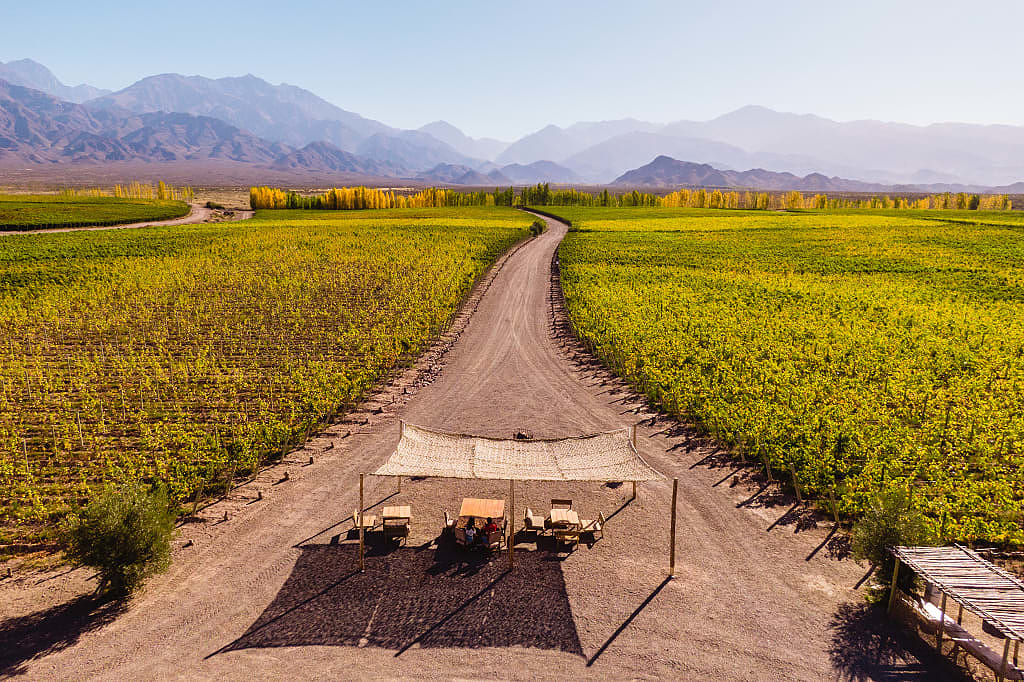 Outdoor seating at vineyard in Mendoza, Argentina with mountains in the background
