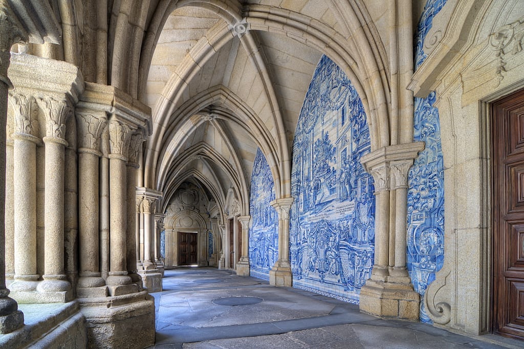 Cloisters at Porto Cathedral with azulejo tiles in Portugal