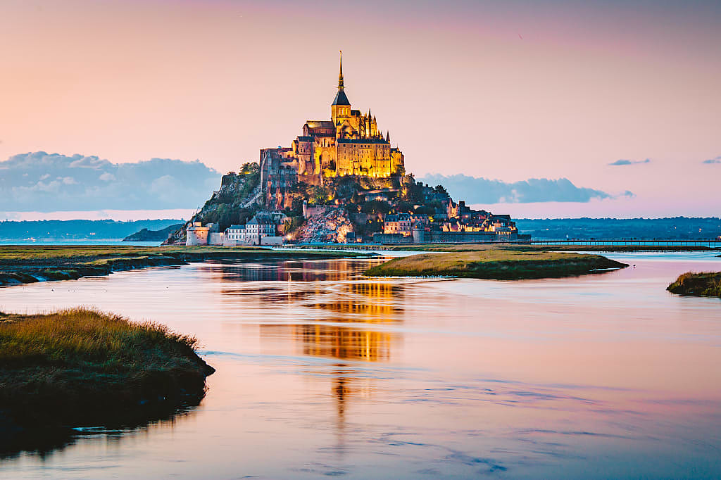 Mont Saint-Michel at twilight, in Normandy
