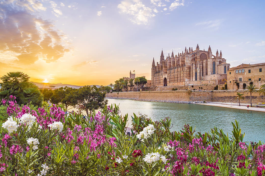 Cathedral La Seu at sunet time in Palma on Mallorca island, Spain